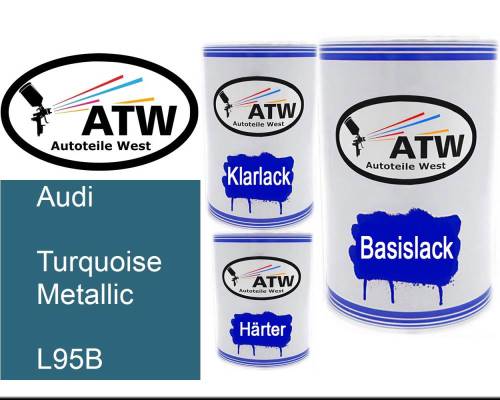 Audi, Turquoise Metallic, L95B: 500ml Lackdose + 500ml Klarlack + 250ml Härter - Set, von ATW Autoteile West.